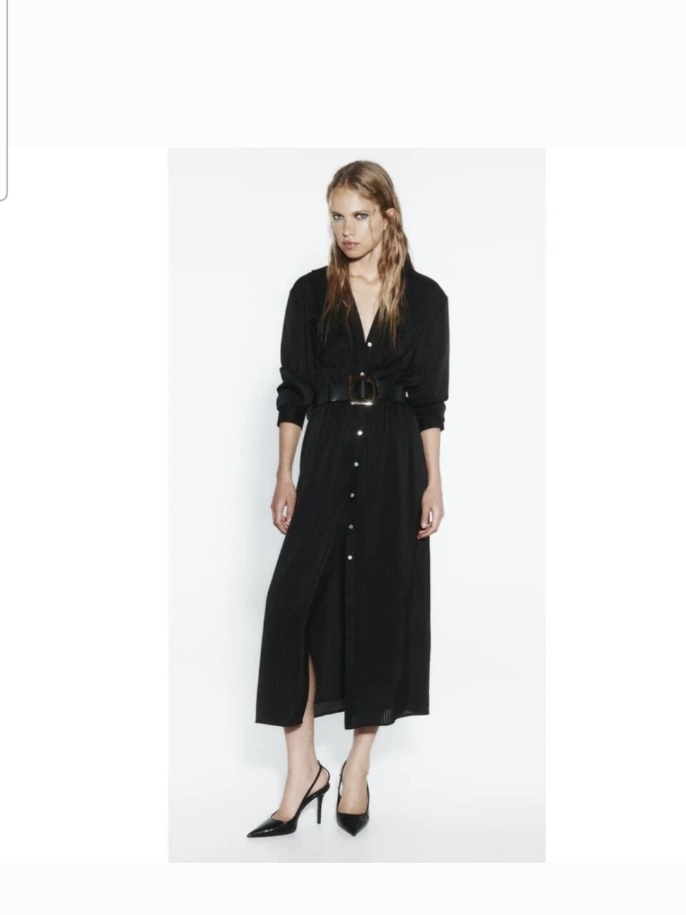 Zara Black Button-Front Textured Midi Dress with Waist Belt